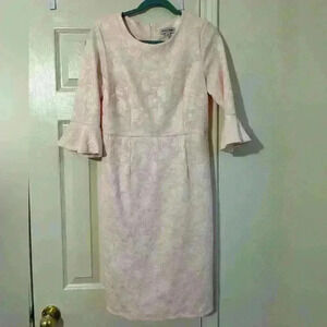 Shelby and Palmer light pink midi dress with 3/4 bell sleeves